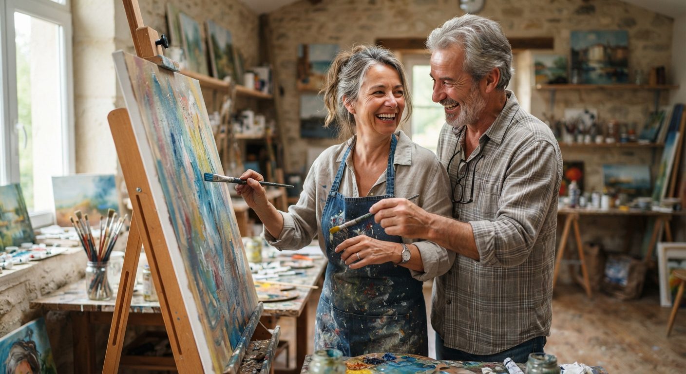Couple de seniors complices souriant et partageant une activité artistique dans un atelier lumineux