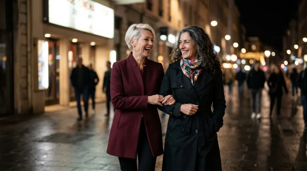 Brigitte et Nicole bras dessus bras dessous à la sortie du cinéma