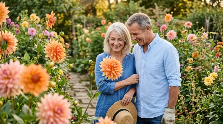 Élise et Paul admirent un dahlia dans leur jardin