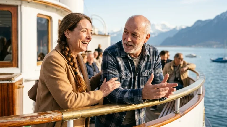 Marie et Jacques sur le pont d’un bateau à vapeur du lac Léman