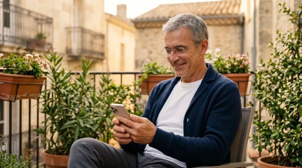 Homme senior qui sourit en écrivant un premier message sur son téléphone, au balcon
