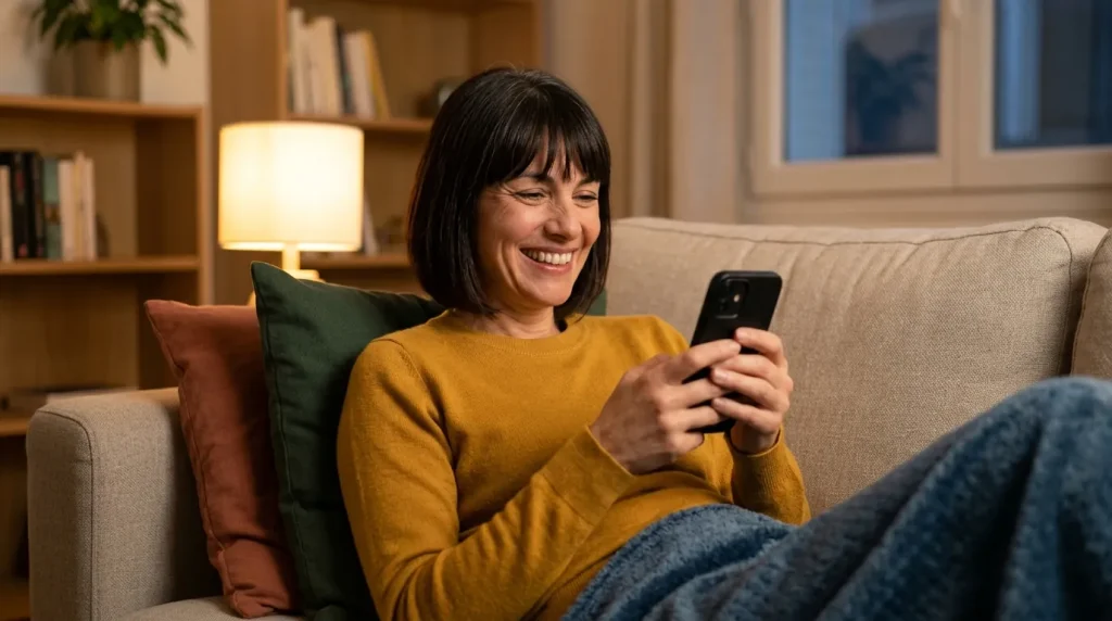 Femme senior qui sourit en écrivant un premier message sur son téléphone
