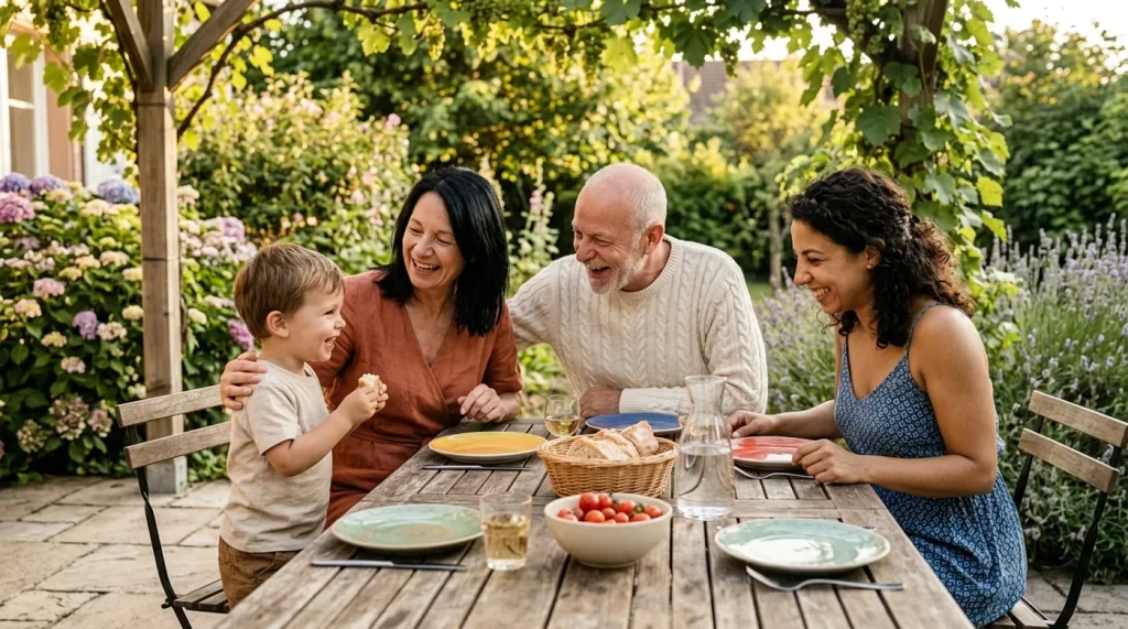 Repas de famille en terrasse avec un nouveau compagnon