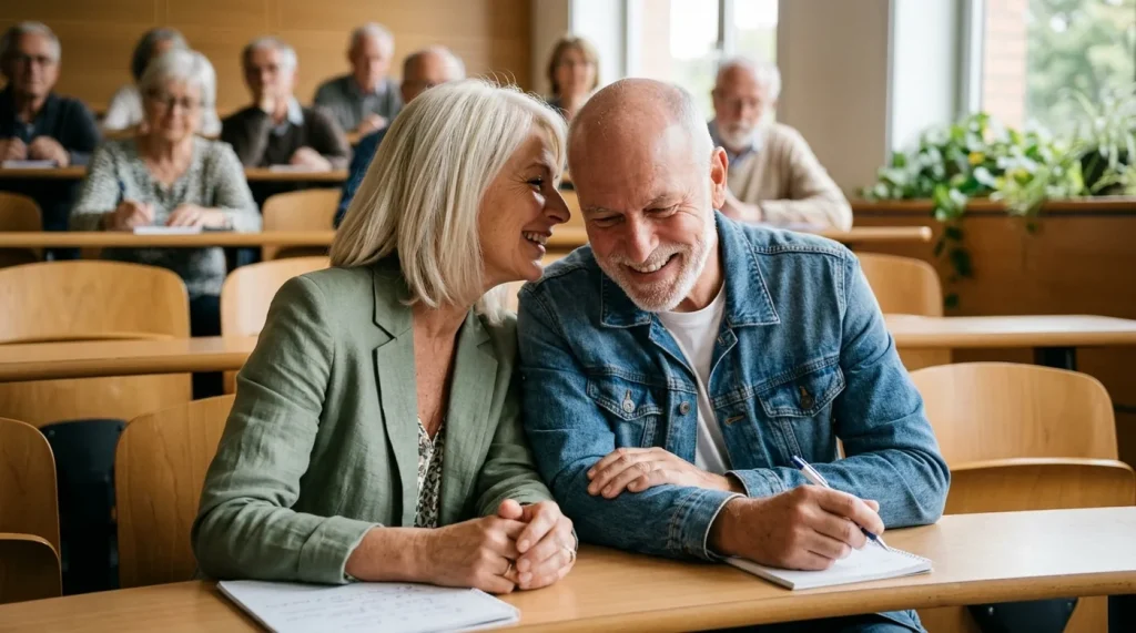 Femme et homme de 60 ans qui échangent pendant une conférence