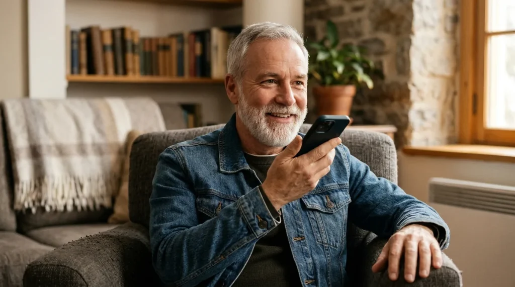 Homme senior qui dicte un message à son téléphone