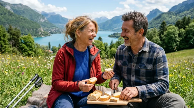 Sophie et Louis pique-niquent face au lac d’Annecy