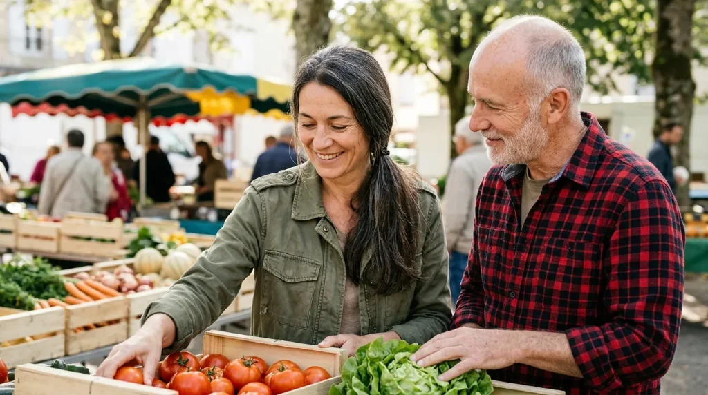 Veuve et veuf qui font leur marché ensemble
