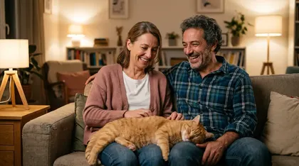 Claire et Philippe sur le canapé avec leur gros chat roux