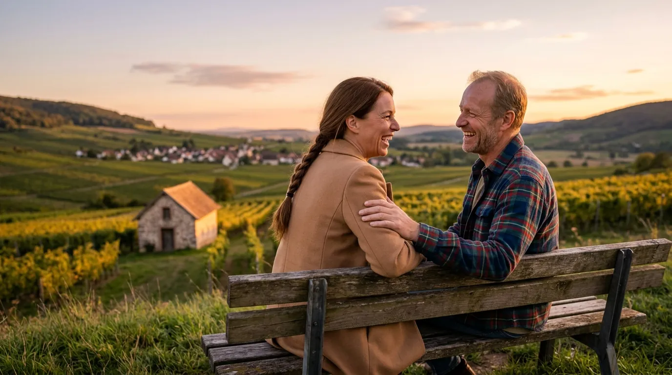 Couple de seniors sur un banc face aux vignes au coucher du soleil