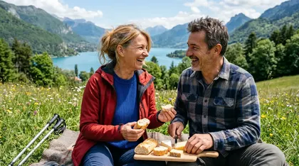 Sophie et Louis pique-niquent face au lac d’Annecy