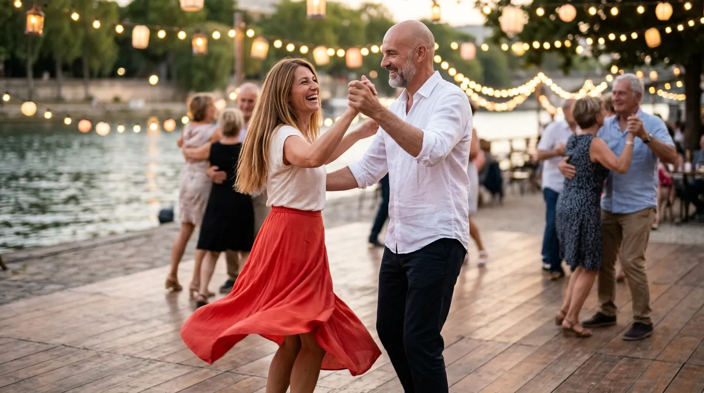 Couple de seniors qui danse dans une guinguette