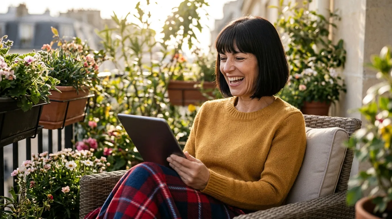 Femme de 50 ans qui rit en lisant un message sur sa tablette, au balcon
